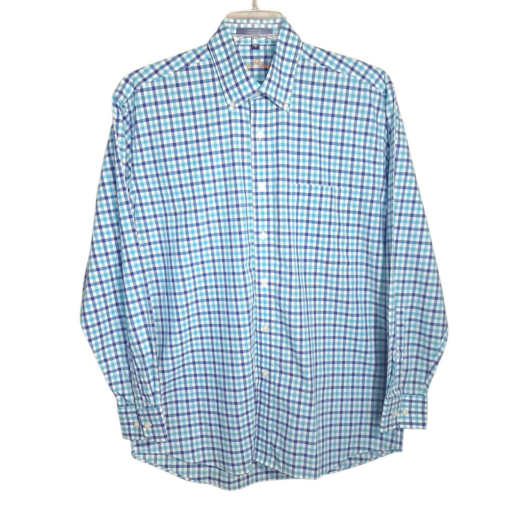 Alan Flusser‎ Men Collared Button-Down Shirt M Blue/Baby Blue Plaid Long Sleeves
